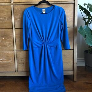 Anne Klein Women's Blue Lined 3/4 Sleeve Ruched Pull Over Sheath Dress Size 6